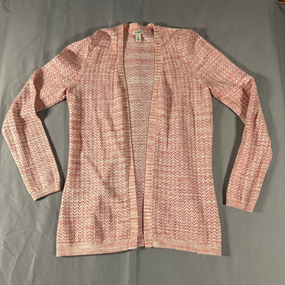 LL Bean Cardigan Women Medium Pink Excellent Cotton Pointelle Open Front